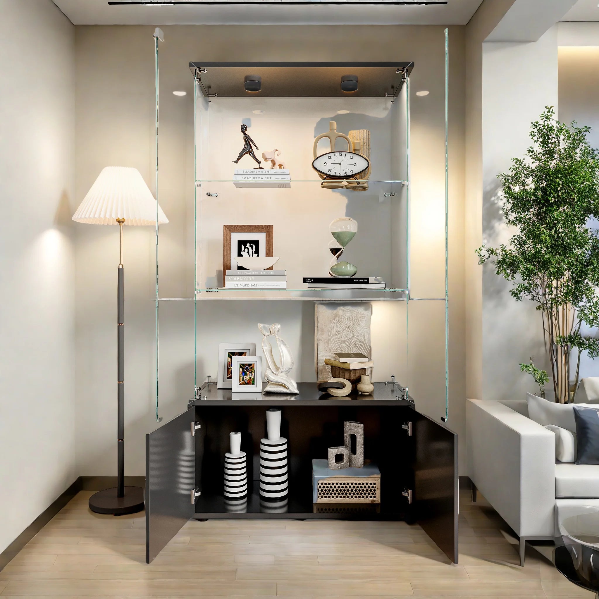 Drei-Etagen-Glasvitrine, Sammlerschrank mit LED-Beleuchtung, Display-Vitrine, Aufbewahrungsschrank und Organizer, geeignet für Wohnzimmer, Schlafzimmer und Büros; Schwarz