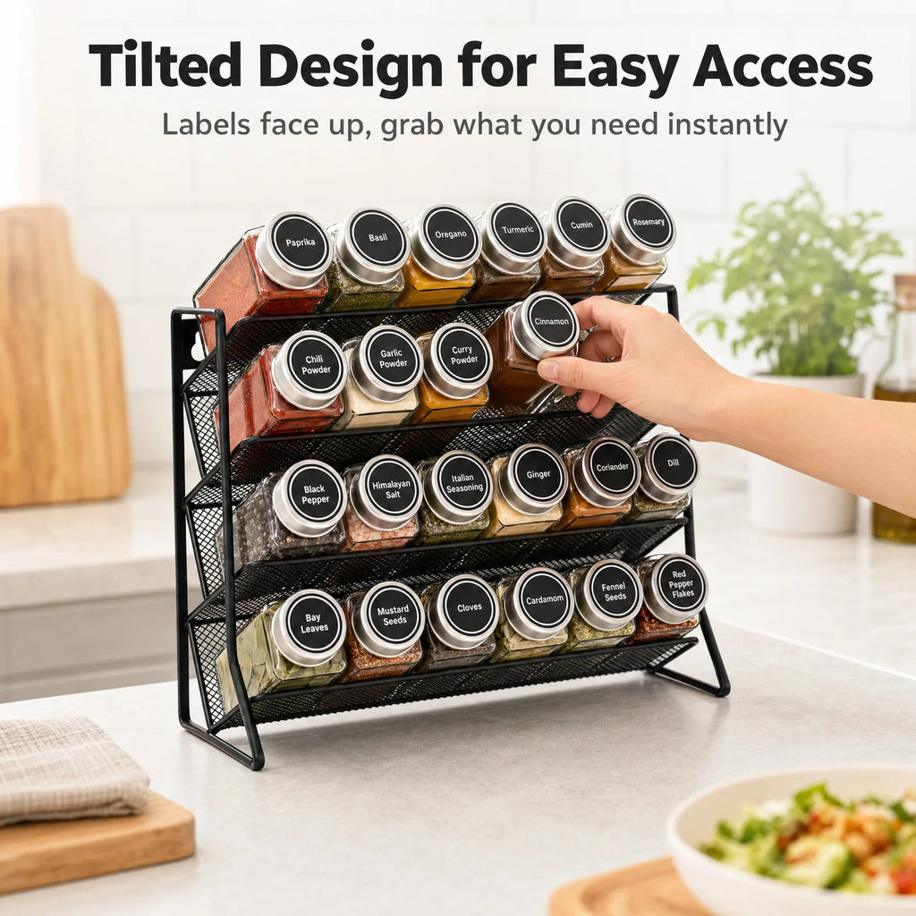 Scaffale portaoggetti da cucina a 4 livelli in acciaio al carbonio, da parete, per barattoli di spezie, antiscivolo, da tavolo e da parete, doppio uso