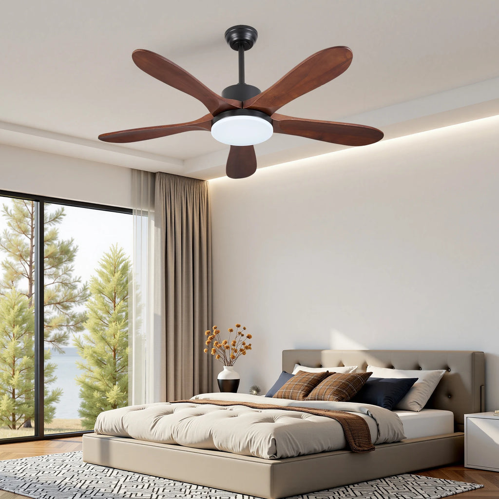 Ventilatore da soffitto da 132 cm con luce LED, 6 velocità, telecomando, reversibile, dimmerabile, finitura in legno