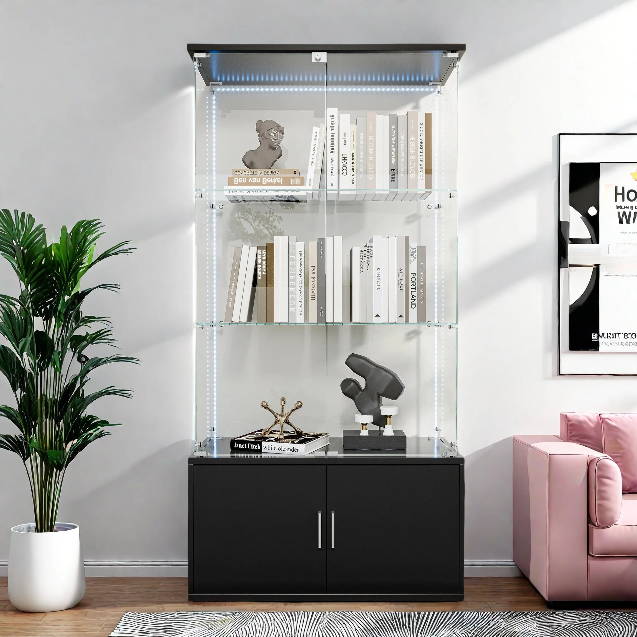 Vetrina a tre ripiani in vetro, mobiletto per collezioni con illuminazione a LED, vetrina espositiva, mobiletto contenitore e organizer adatto per soggiorni, camere da letto e uffici; Nero