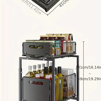Adjustable height kitchen shelf with 2-tier pull-out drawer for under-sink cabinet, spice jar rack
