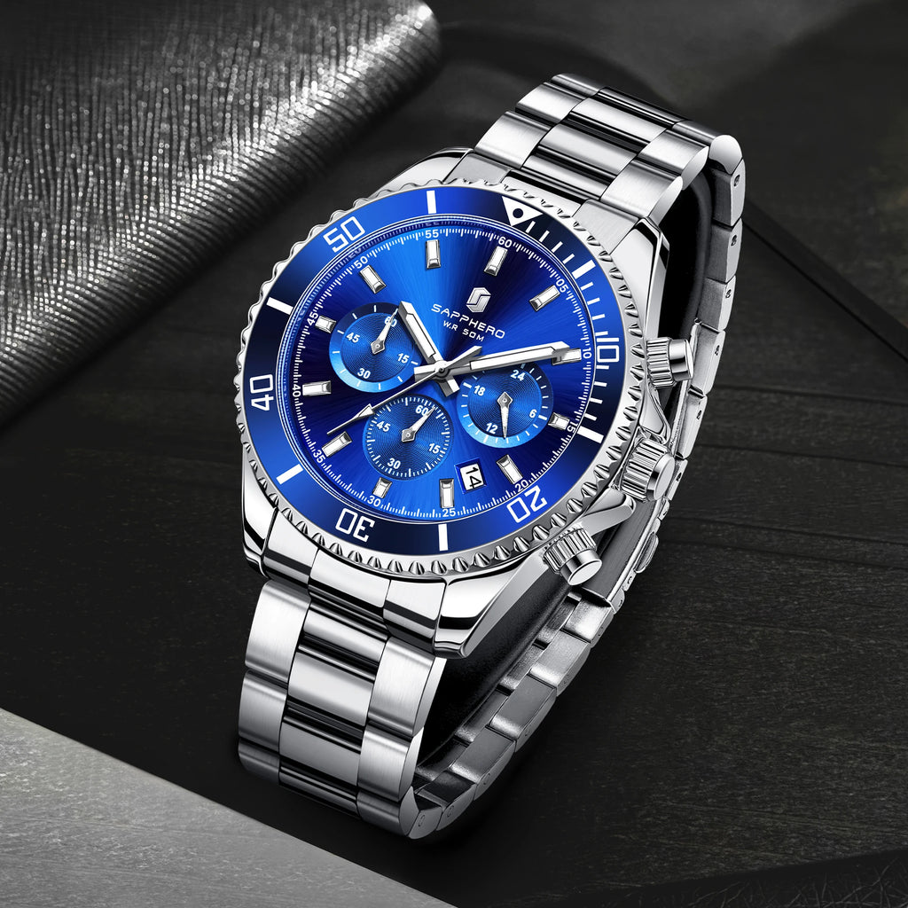 SAPPHERO Orologio Uomo Quarzo Cronografo Sport Acciaio Inossidabile Impermeabile 50M