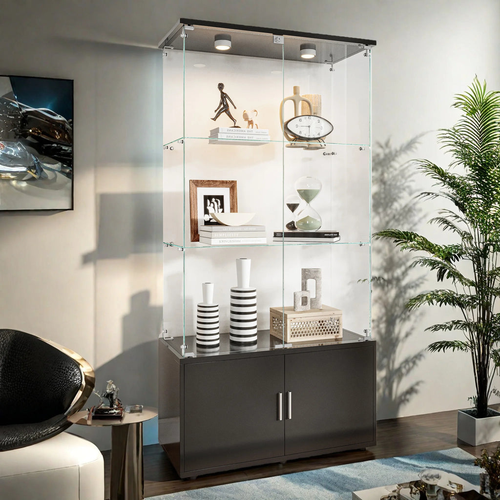 Drei-Etagen-Glasvitrine, Sammlerschrank mit LED-Beleuchtung, Display-Vitrine, Aufbewahrungsschrank und Organizer, geeignet für Wohnzimmer, Schlafzimmer und Büros; Schwarz