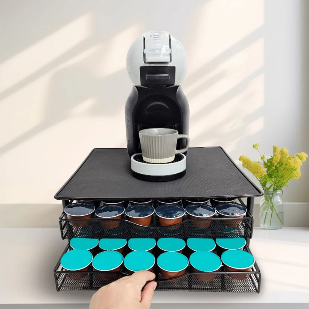 2-stöckiger ausziehbarer Metall-Kaffeekapsel-Organizer, Kaffeepad-Halter für 72 Kaffeepads, rutschfeste Basis für Kaffeemaschine, Küchen-Organizer