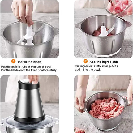 Tritatutto elettrico per carne/alimenti in acciaio inox da 2 litri, multifunzione, per verdure, da cucina