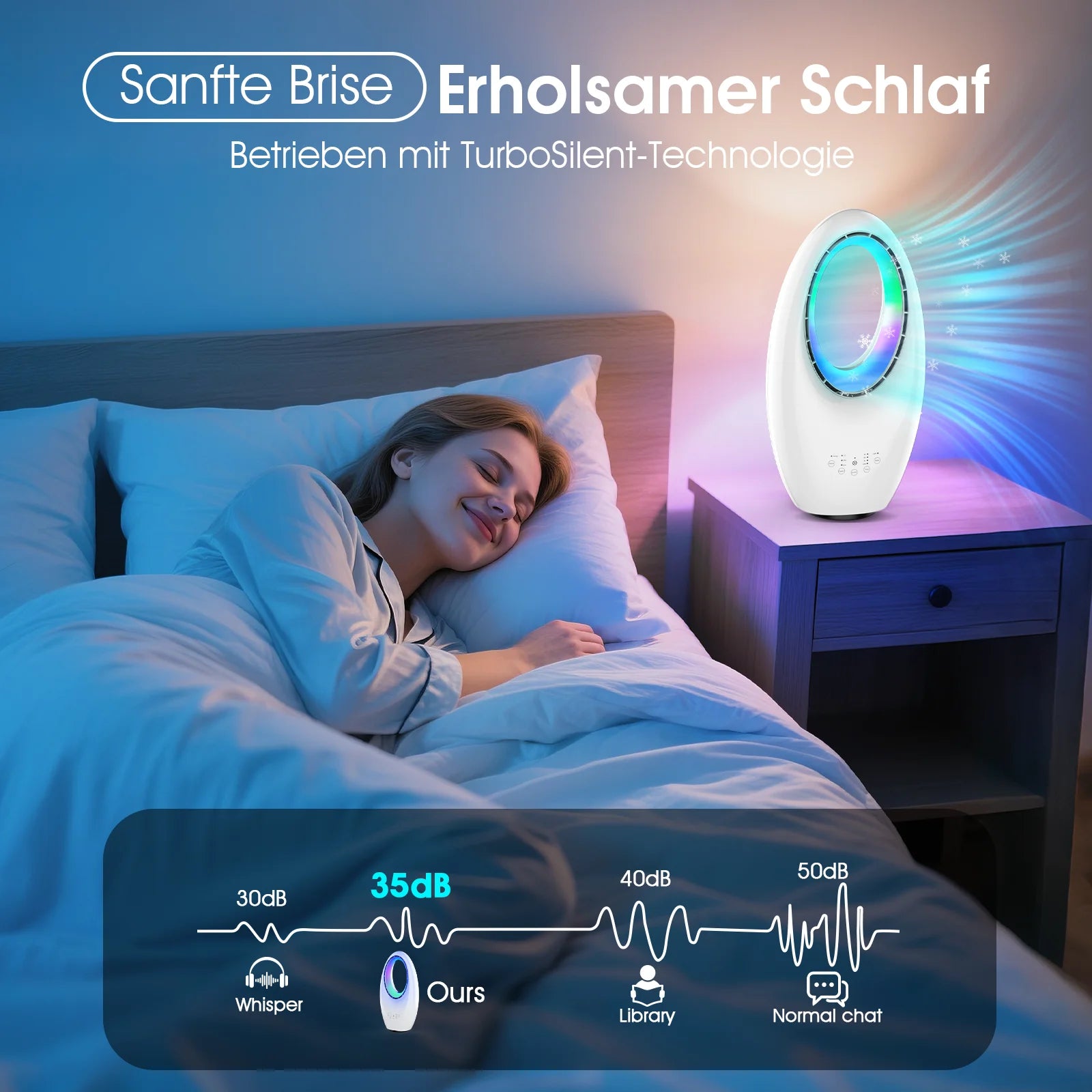 Ventilatore a torre senza pale 3 in 1 con telecomando, 3 velocità del vento, 60 °   Oscillazione, timer, illuminazione d'atmosfera a LED a 4 colori, ventilatore silenzioso da pavimento per camera da letto e soggiorno