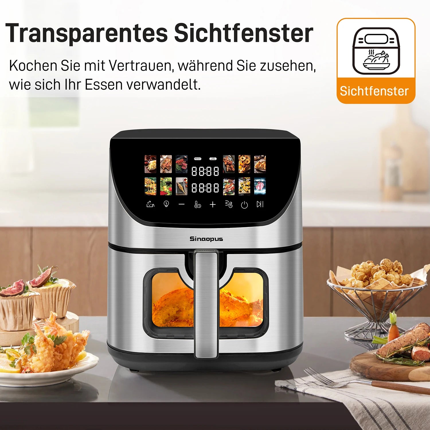 8,5-Liter Smart Heißluftfritteuse mit Sichtfenster, ölfreier elektrischer Ofen, LED-Touch-Steuerung