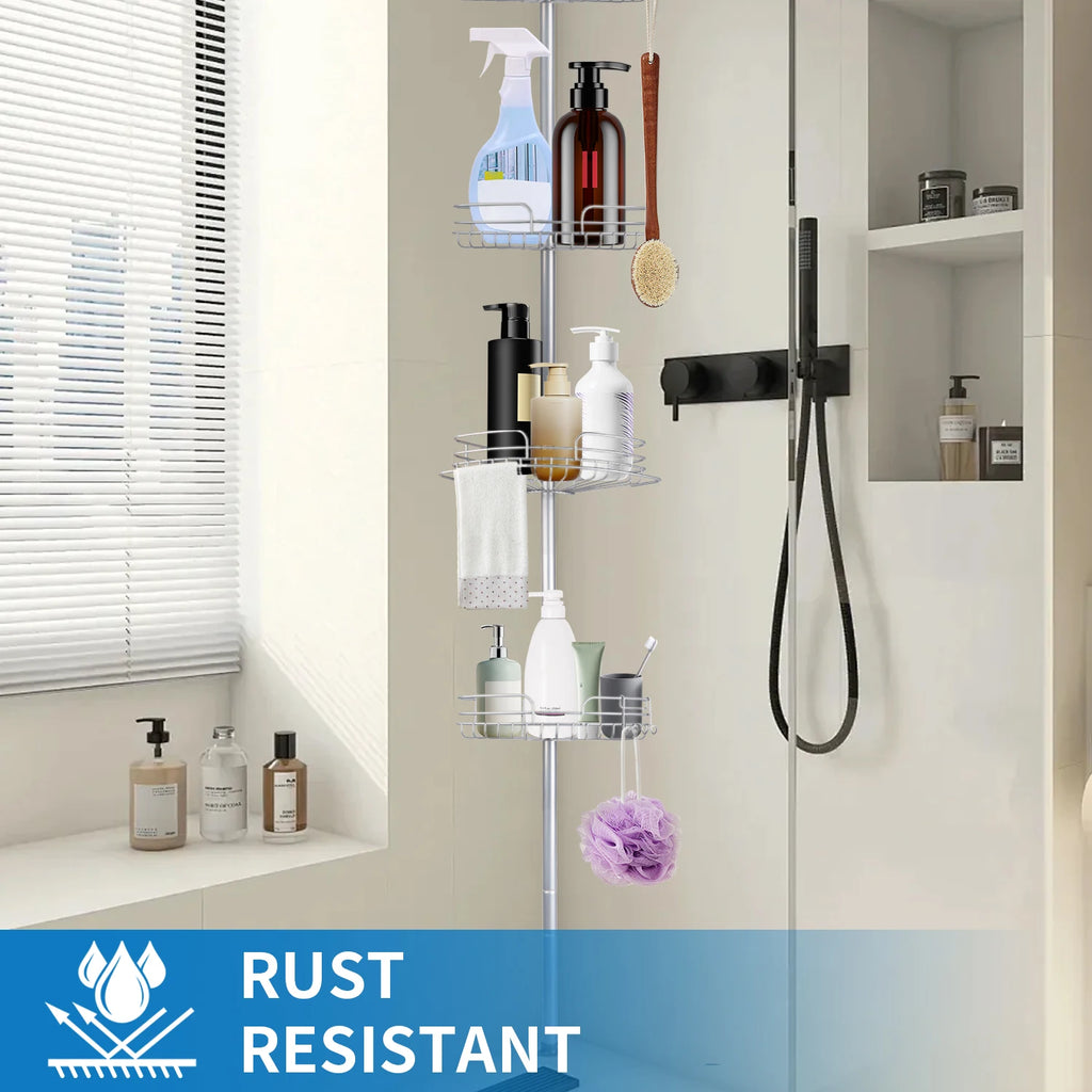 Badezimmer-Aufbewahrungsregal, Teleskop-Badewannenablagen, bohrfreies Dusch-Eckregal, Badewannen-, Küchen-, Spülen-Organizer, verstellbar von 244 bis 270 cm