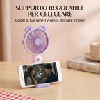 Ventilatore da scrivania mini con orecchie da orsetto, supporto per cellulare integrato, ricarica USB, silenzioso. ideale per scrivania e per guardare serie TV/film.