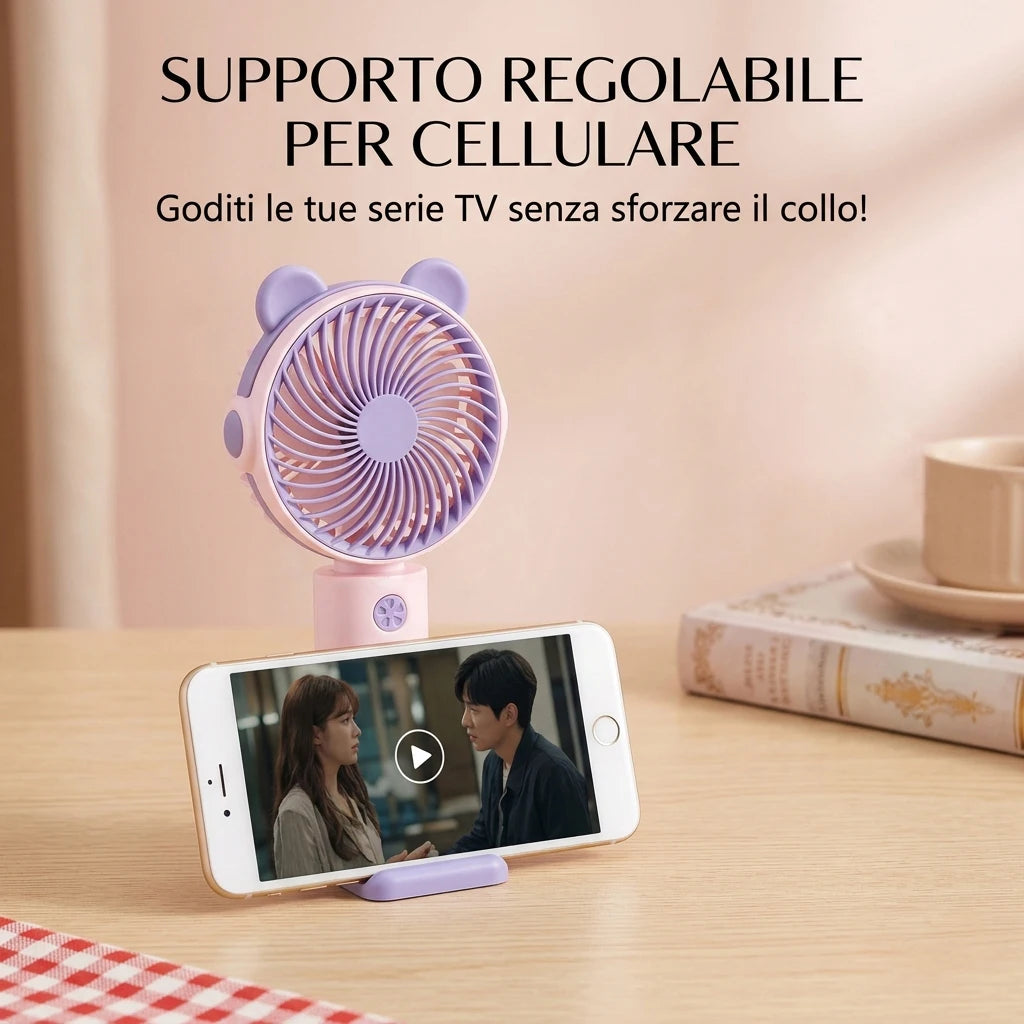 Ventilatore da scrivania mini con orecchie da orsetto, supporto per cellulare integrato, ricarica USB, silenzioso. ideale per scrivania e per guardare serie TV/film.