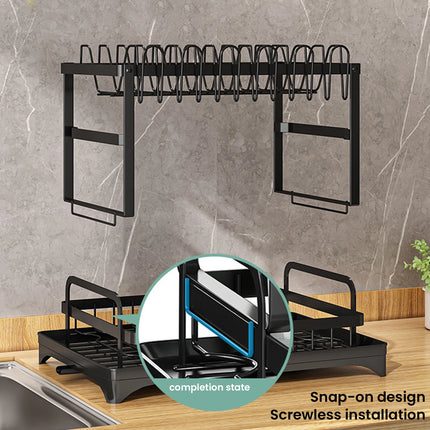2-Tier Dish Drying Rack Dish Drainer Household Plate Storage Carbon Steel Sink Kitchen Organizer with Cutlery Holder