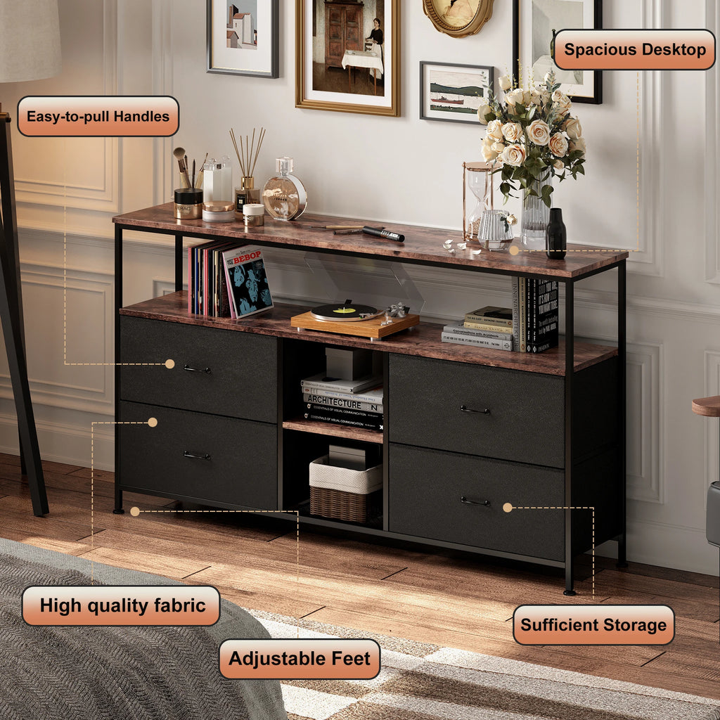 Anajqaqia Moderner TV-Ständer mit 4 Schubladen, Aufbewahrungsschrank mit LED-Beleuchtung, Metallrahmen, geeignet für Wohnzimmer und Schlafzimmer, 137 x 30 x 78 cm