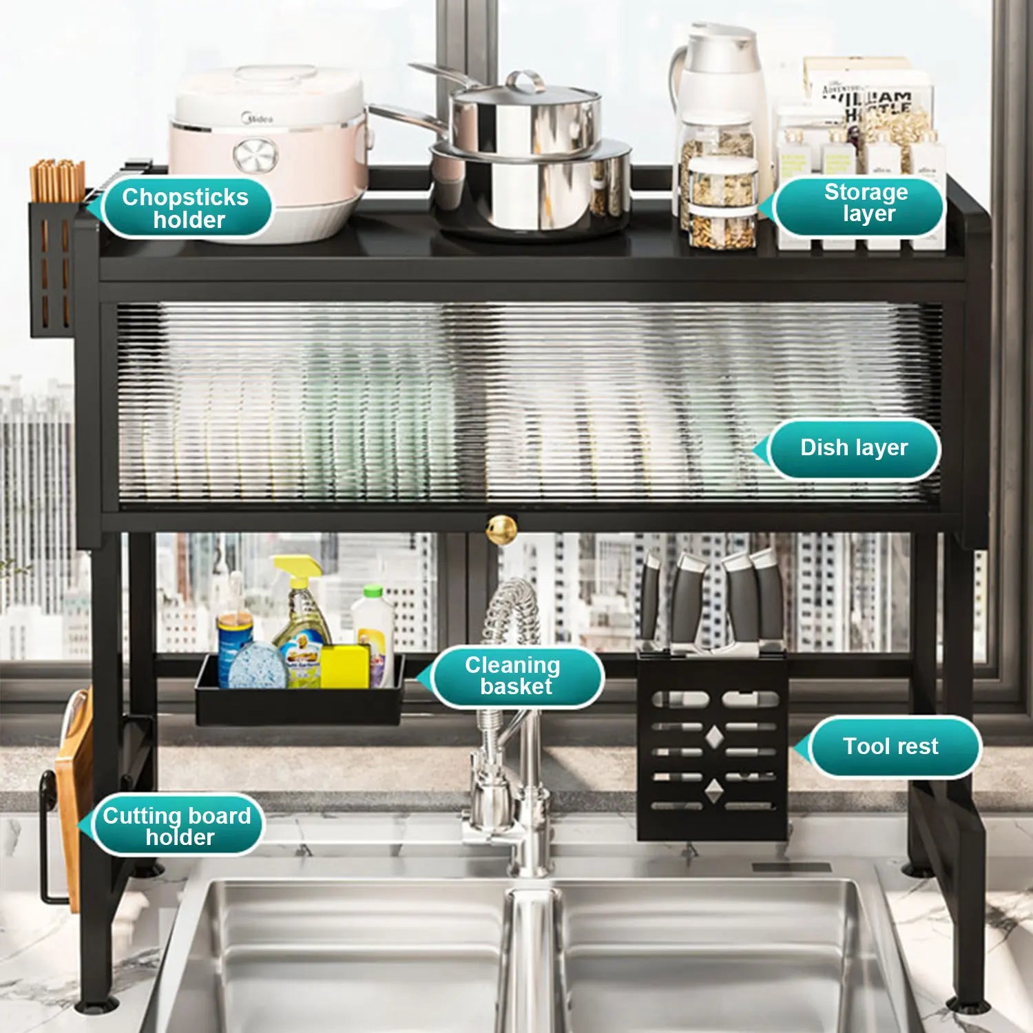 Stendino per piatti sopra lavello da 85 cm con coperchio Scaffale scolapiatti regolabile di grande capacità per piatti da cucina Ciotole Utensili