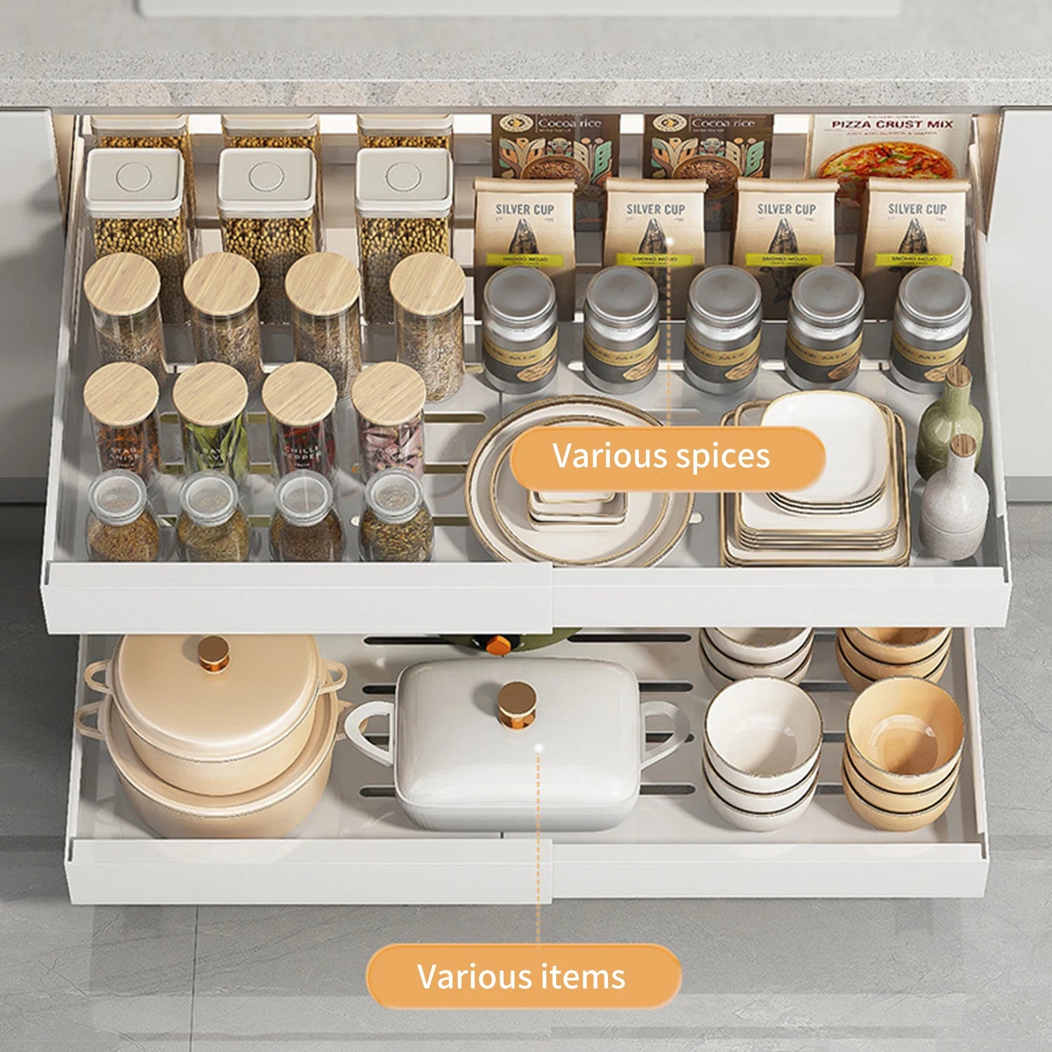 Mensola estraibile per riporre oggetti, cassetto estraibile, organizer da cucina, larghezza regolabile da 32 a 52 cm, dispensa da cucina senza foratura
