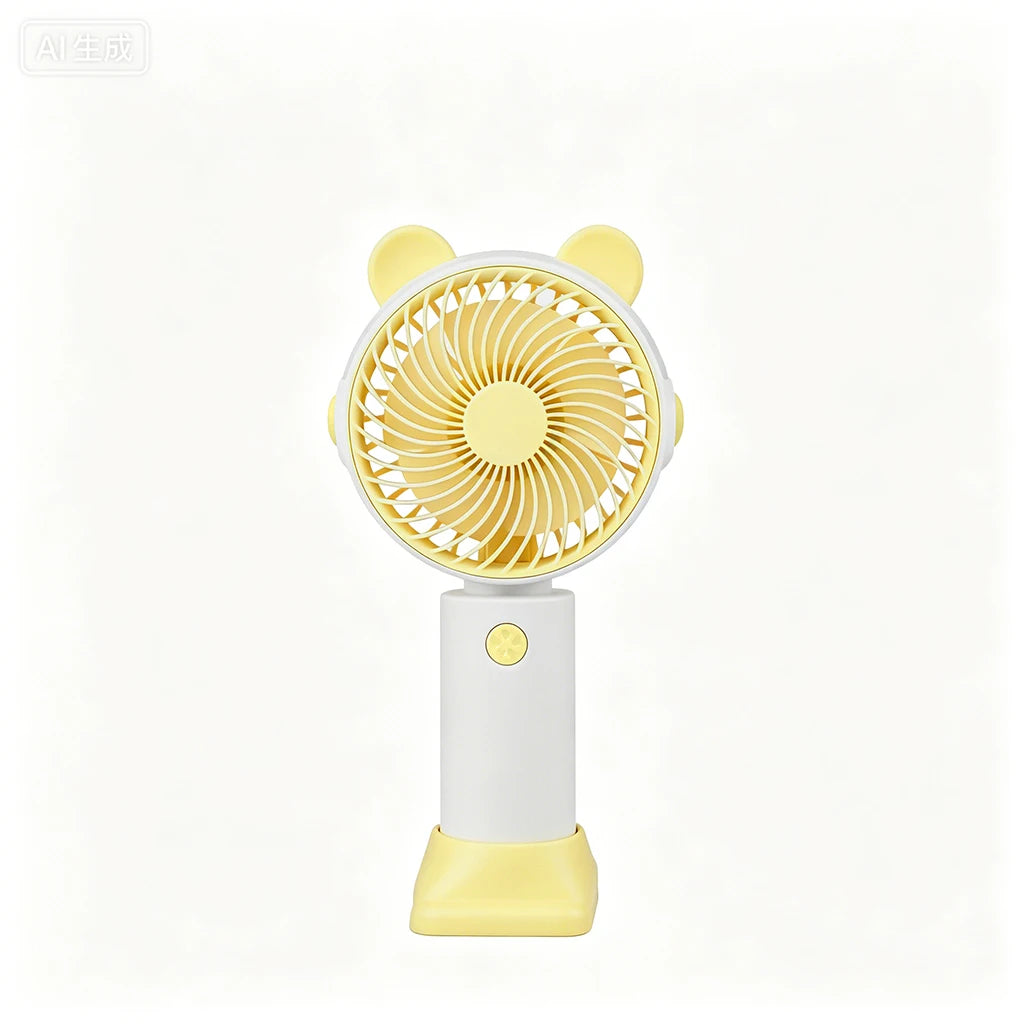 Ventilatore da scrivania mini con orecchie da orsetto, supporto per cellulare integrato, ricarica USB, silenzioso. ideale per scrivania e per guardare serie TV/film.