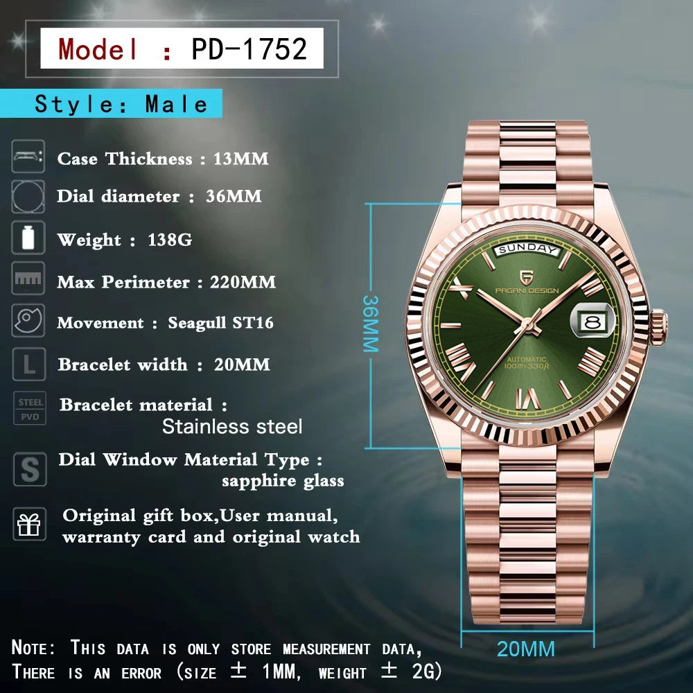 PAGANI DESIGN Orologio da Polso Meccanico Automatico Uomo D36 Oro Rosa Acciaio Inossidabile Vetro Zaffiro