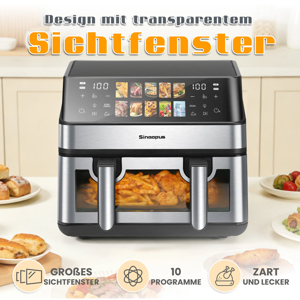 Friggitrice ad Aria Calda 8,5L 2000W con Doppio Cestello e Finestra LED Touch, 10 Programmi