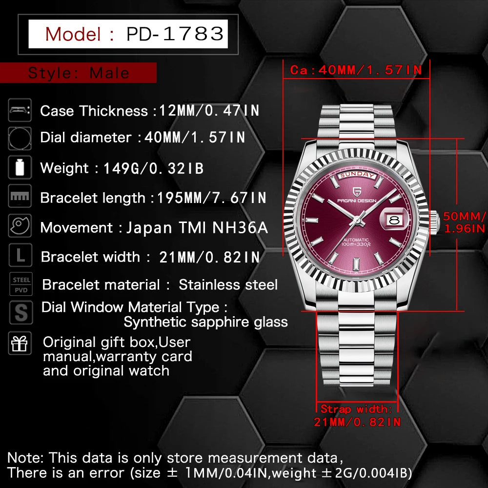 PAGANI DESIGN Orologio Automatico da Uomo DD40 Acciaio Inossidabile Impermeabile Vetro Zaffiro Modello PD1783