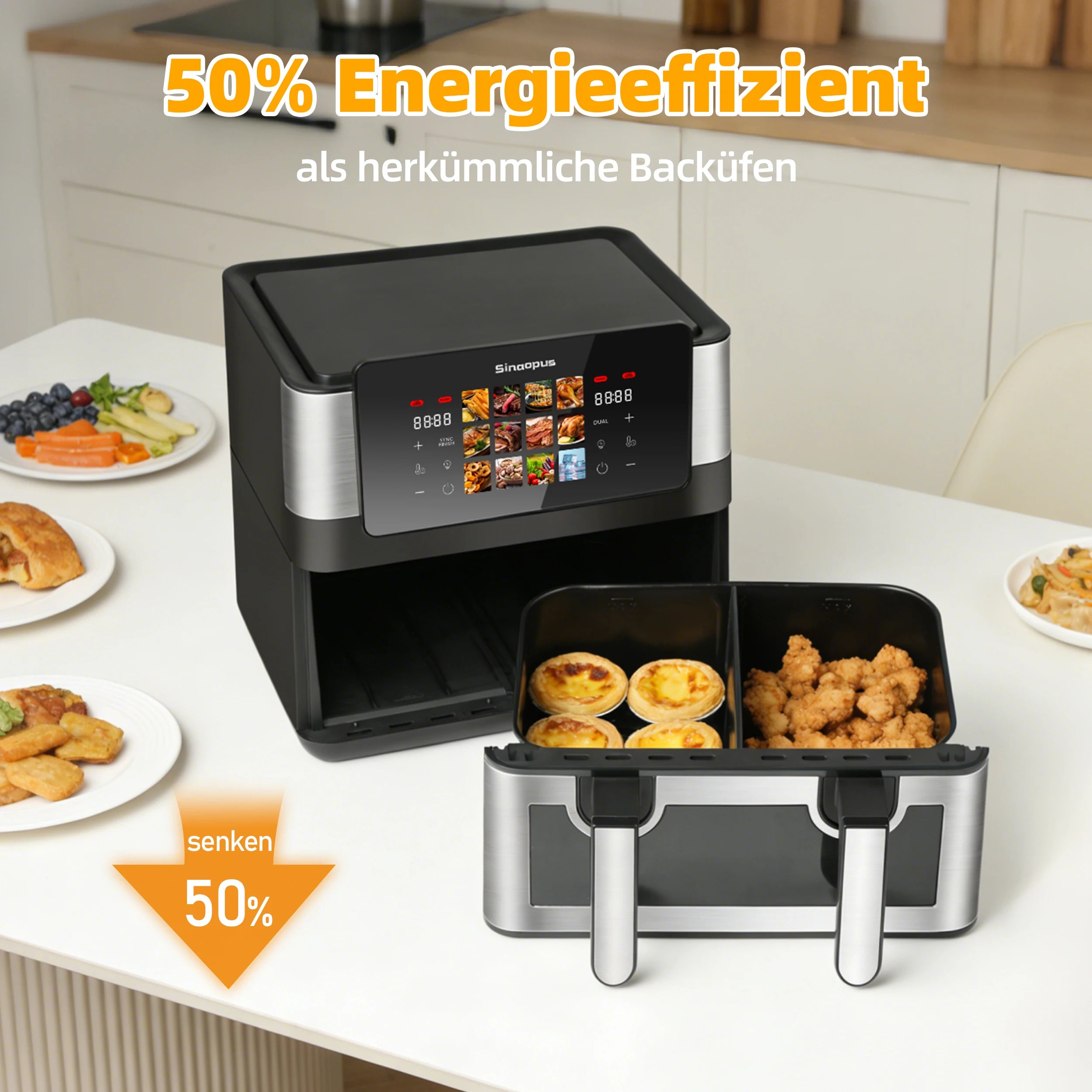 Sinaopus Friggitrice ad Aria Calda 8.5L 2000W con Doppio Cestello, Touch LED, 12 Programmi
