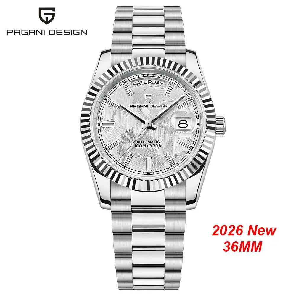 PAGANI DESIGN Orologio Automatico Uomo DD36 Quadrante Meteorite Bianco Acciaio Inossidabile