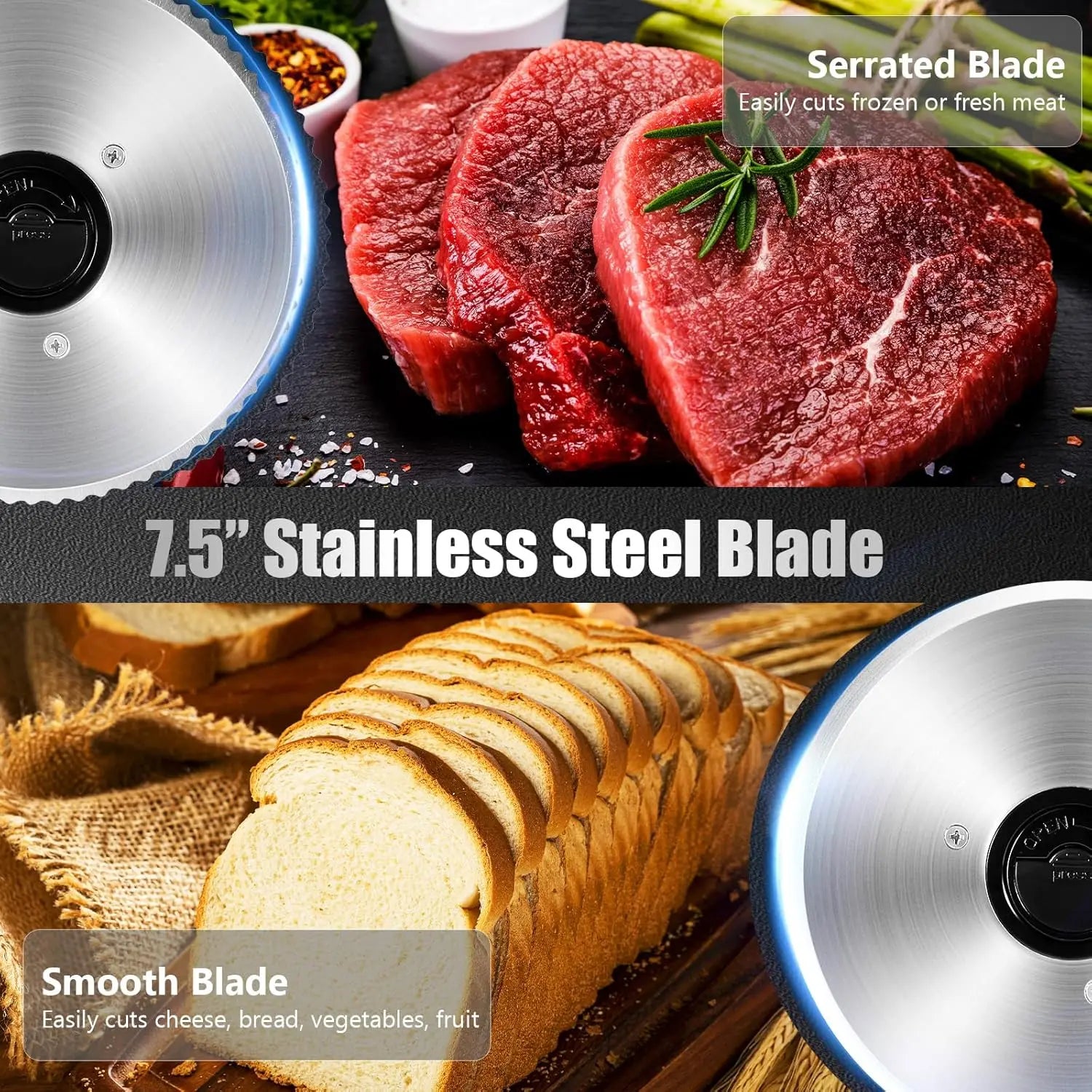 Affettatrice per Carne con Motore DC Silenzioso, Affettatrice Elettrica da 200W, Doppie Lame in Acciaio Inox da 7,5'', Spessore Regolabile 0-15mm