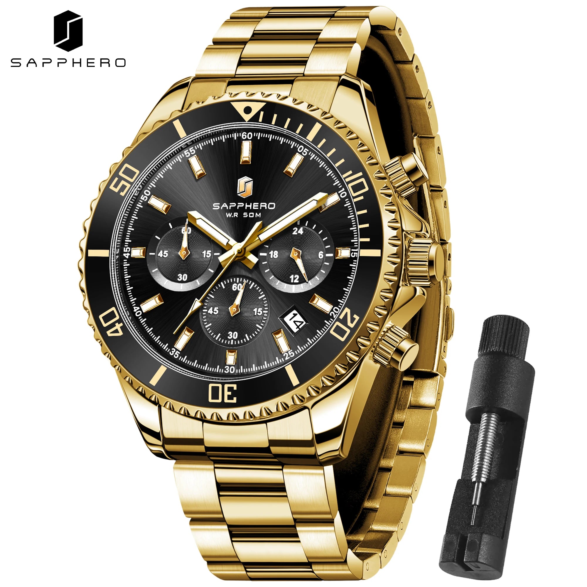 SAPPHERO Orologio da Polso Quarzo Uomo Acciaio Inossidabile Impermeabile 50M Cronografo