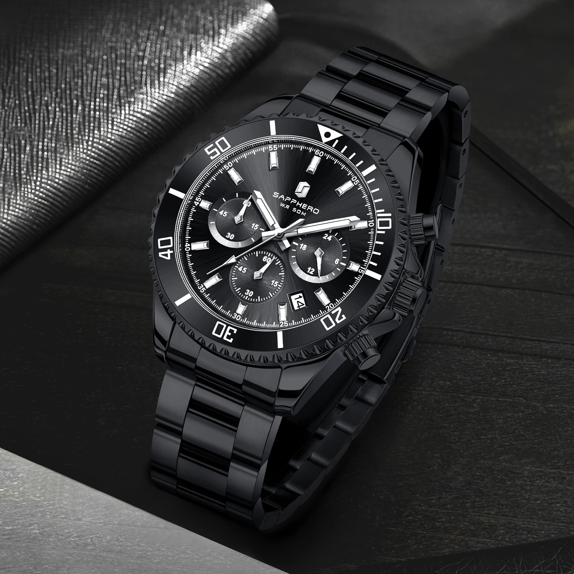 SAPPHERO Orologio Uomo Quarzo Cronografo Sport Acciaio Inossidabile Impermeabile 50M