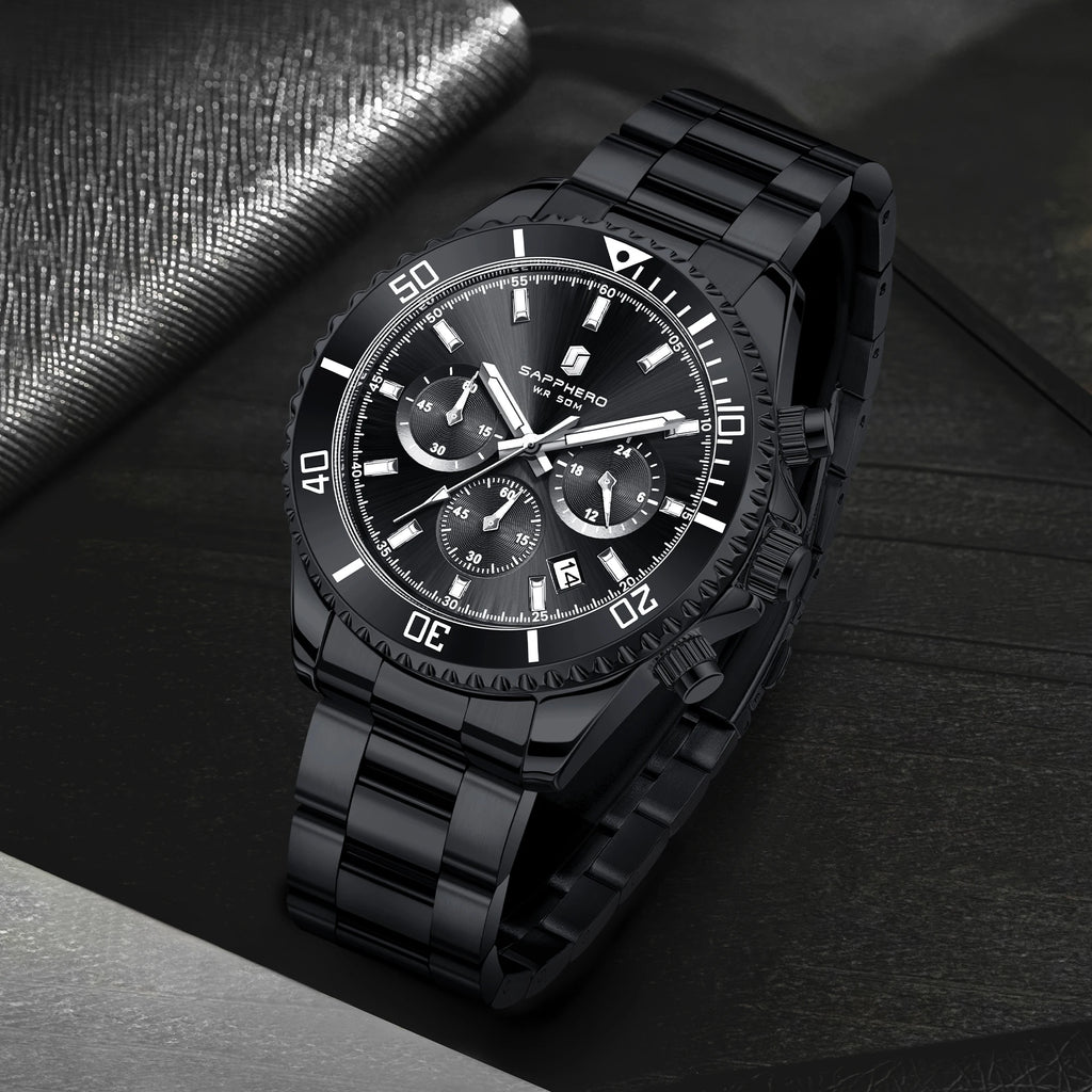 SAPPHERO Orologio da Polso Quarzo Uomo Acciaio Inossidabile Impermeabile 50M Cronografo