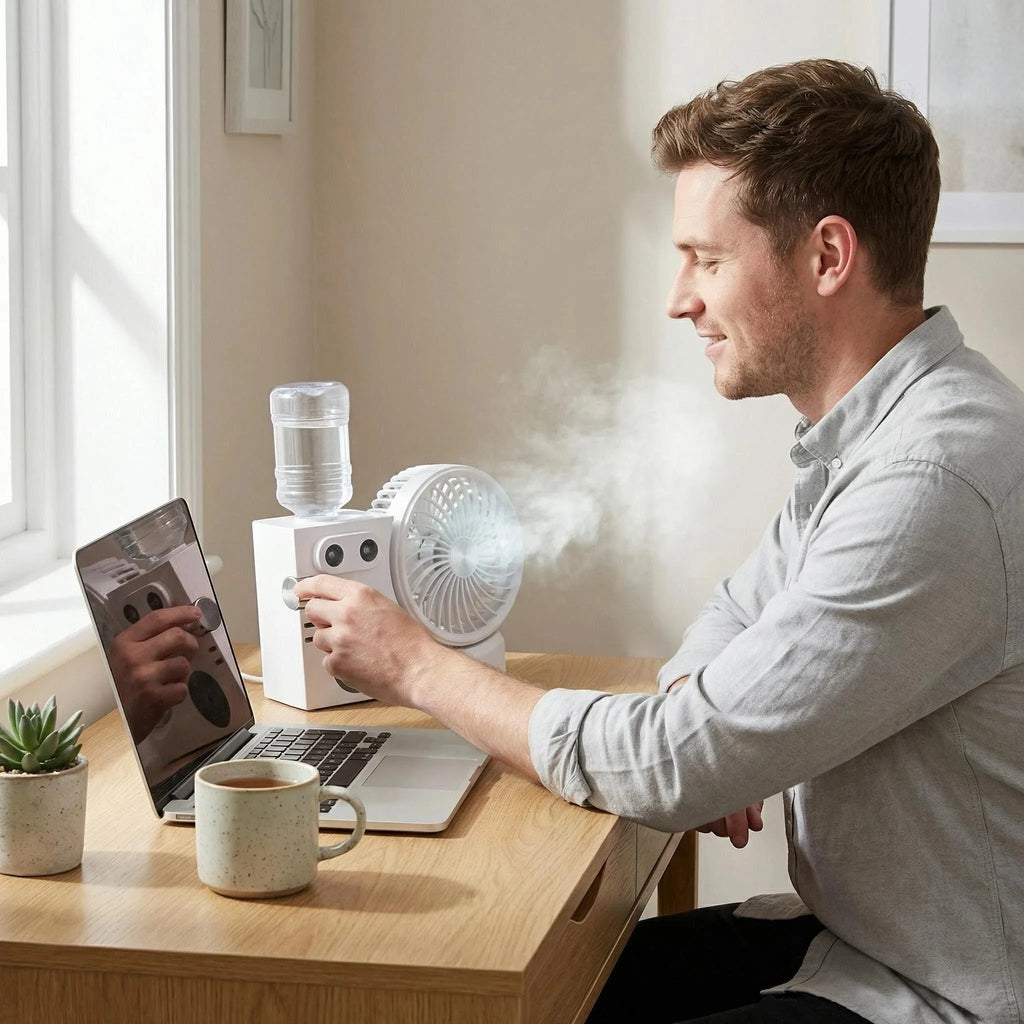 MULIN Tischventilator mit doppelter Zerstäubung – 3-in-1-Wasserkühlung, wiederaufladbarer 1200-mAh-USB-Akku, 3 Geschwindigkeiten, leise, ideal für Schreibtisch, Büro und Zuhause – Modell MU-TFS268