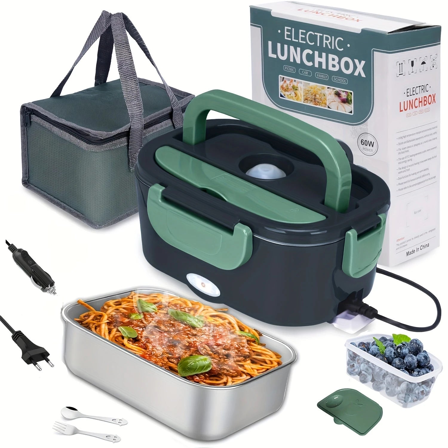 Elektrischer Speisewärmer 60W 1,5 L 4-in-1 für Auto (12 V/24 V/110V/220 V) für LKW, Camping und Arbeit