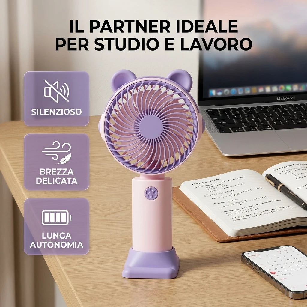 Ventilatore da scrivania mini con orecchie da orsetto, supporto per cellulare integrato, ricarica USB, silenzioso. ideale per scrivania e per guardare serie TV/film.