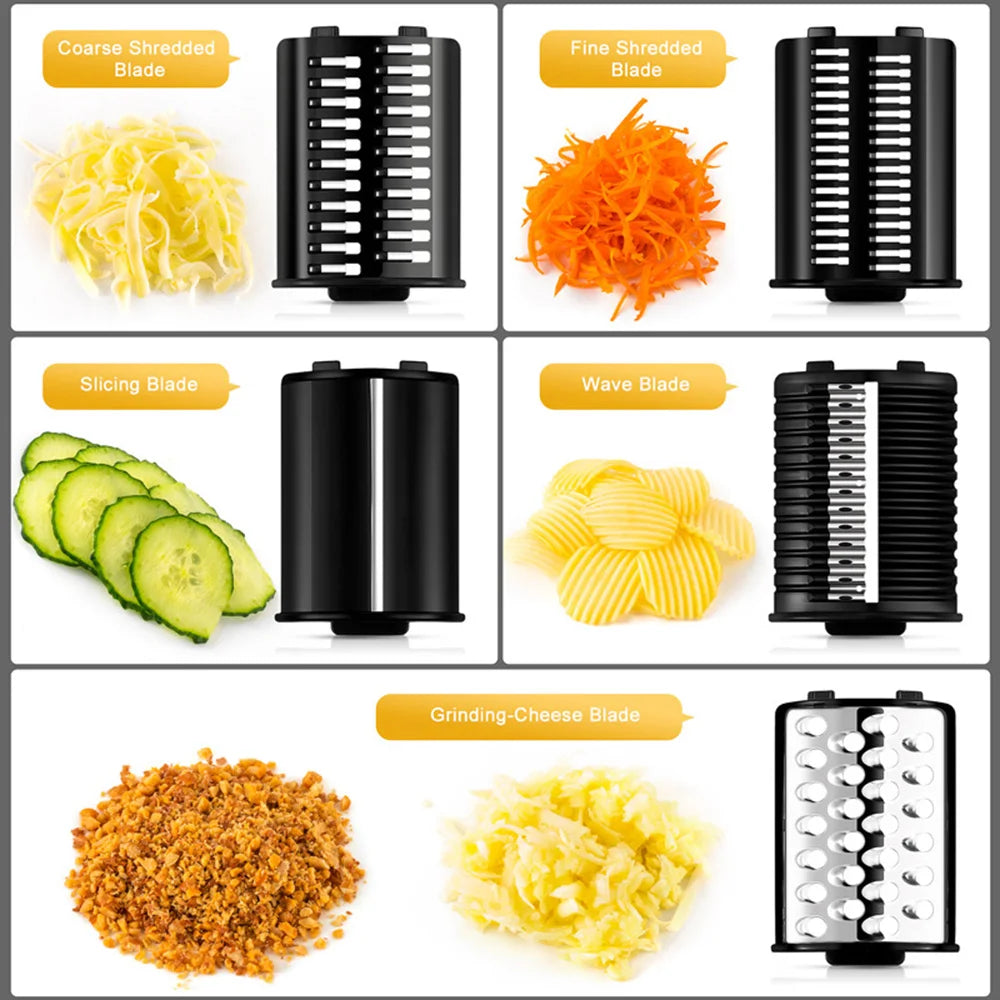5-in-1 Elektrische Reibe und Gemüsehobel, 500W, für Gemüse und Käse, zerkleinert, hobelt, reibt Käse, Gemüse, Nüsse, Küchenmaschine für den Hausgebrauch