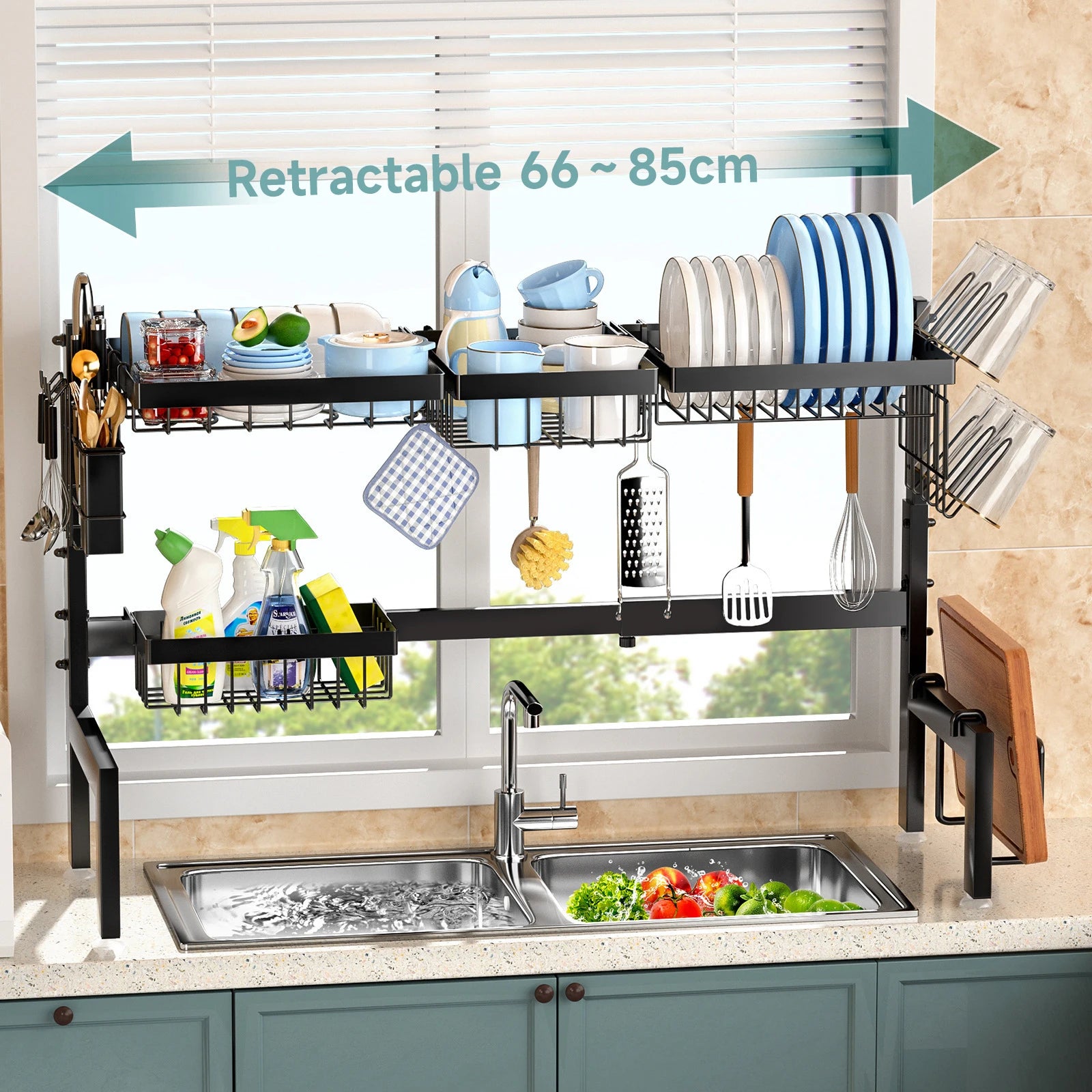 Lavello da cucina domestico regolabile di grande capacità sopra scolapiatti, scolapiatti retrattile multifunzionale in acciaio al carbonio