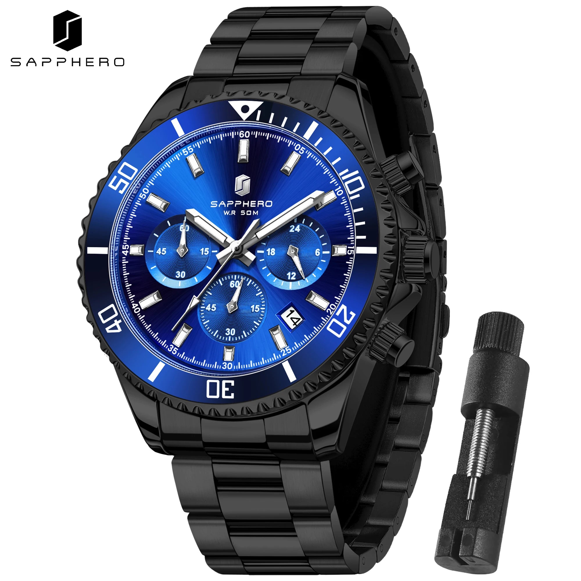 SAPPHERO Orologio da Polso Quarzo Uomo Acciaio Inossidabile Impermeabile 50M Cronografo