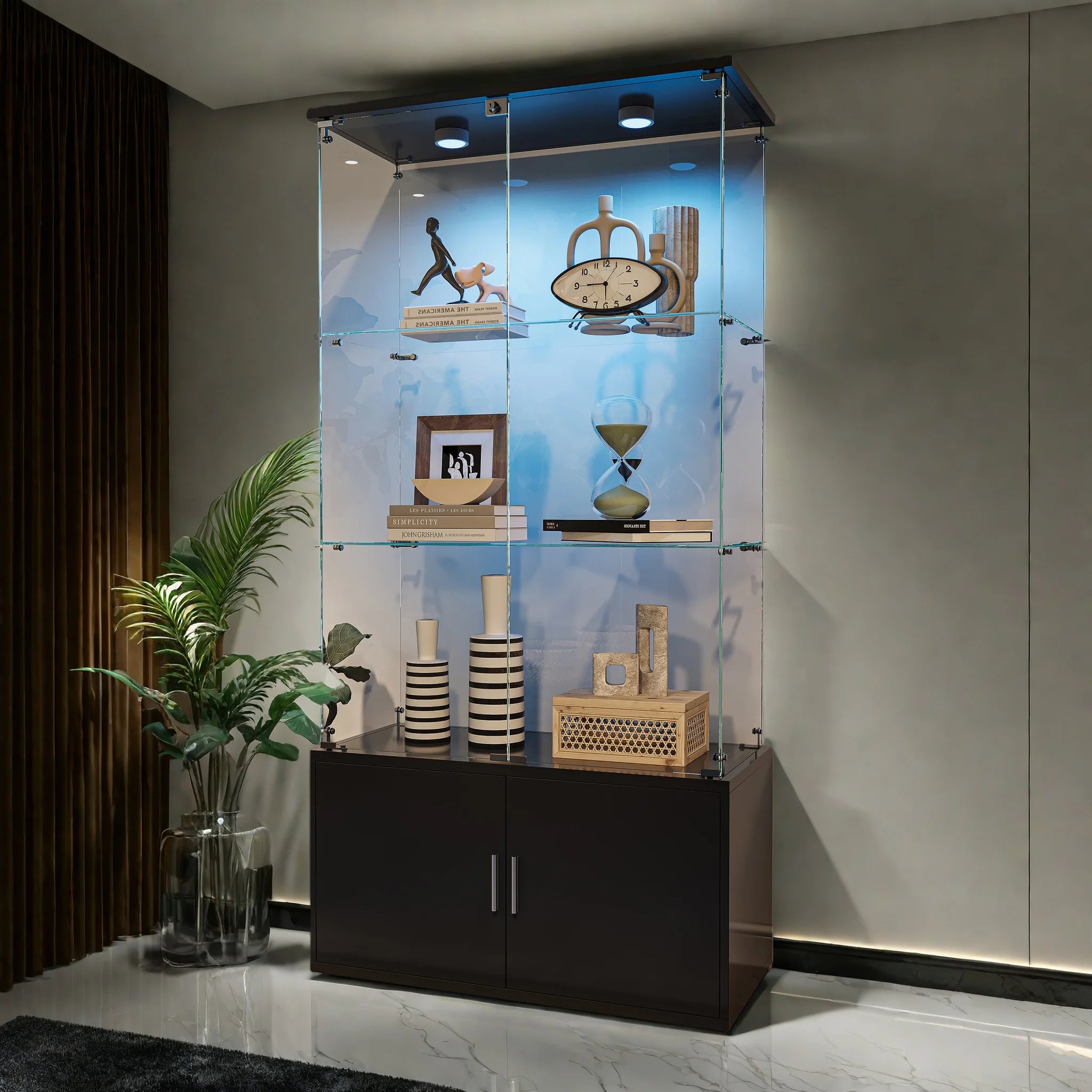 Drei-Etagen-Glasvitrine, Sammlerschrank mit LED-Beleuchtung, Display-Vitrine, Aufbewahrungsschrank und Organizer, geeignet für Wohnzimmer, Schlafzimmer und Büros; Schwarz