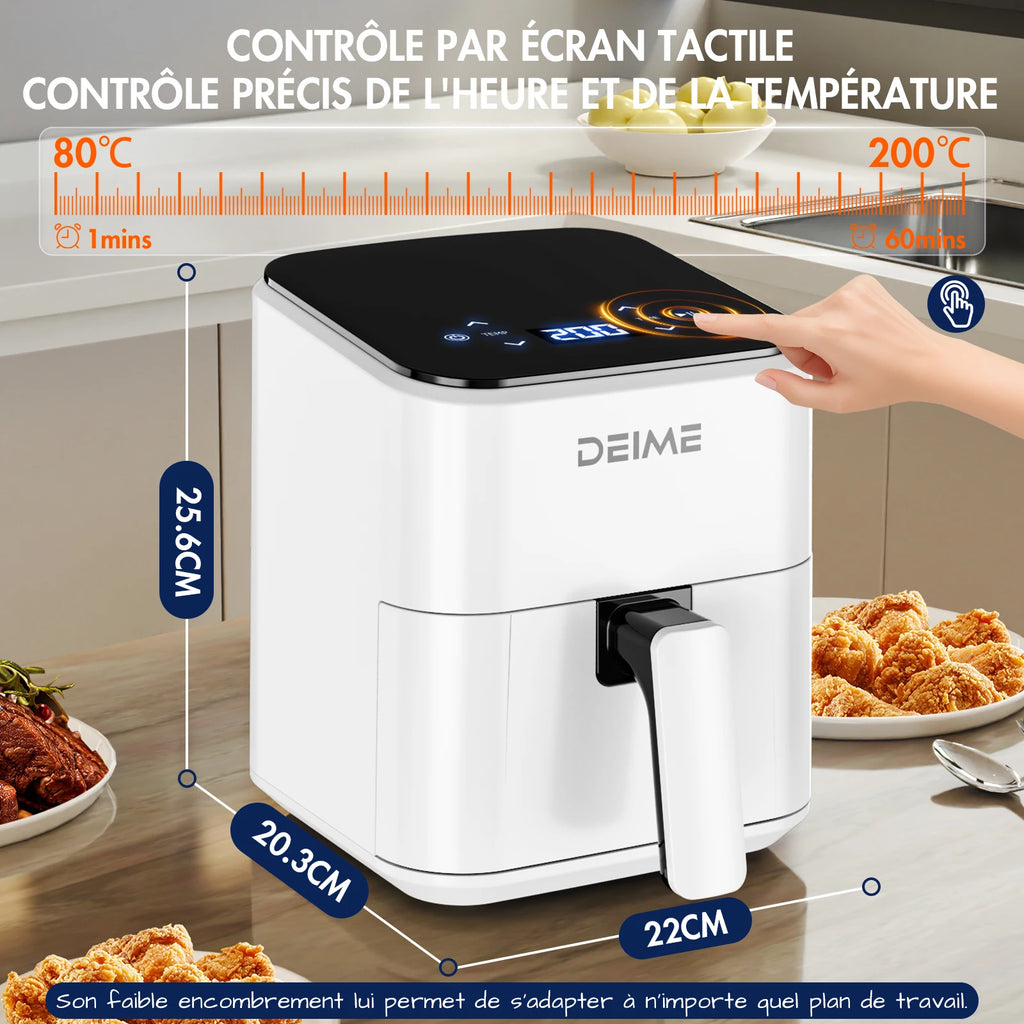 Friggitrice ad Aria DEIME 2.5L, Mini Friggitrice Compatta ad Aria Calda, Schermo Touch LED, Cestello Antiaderente