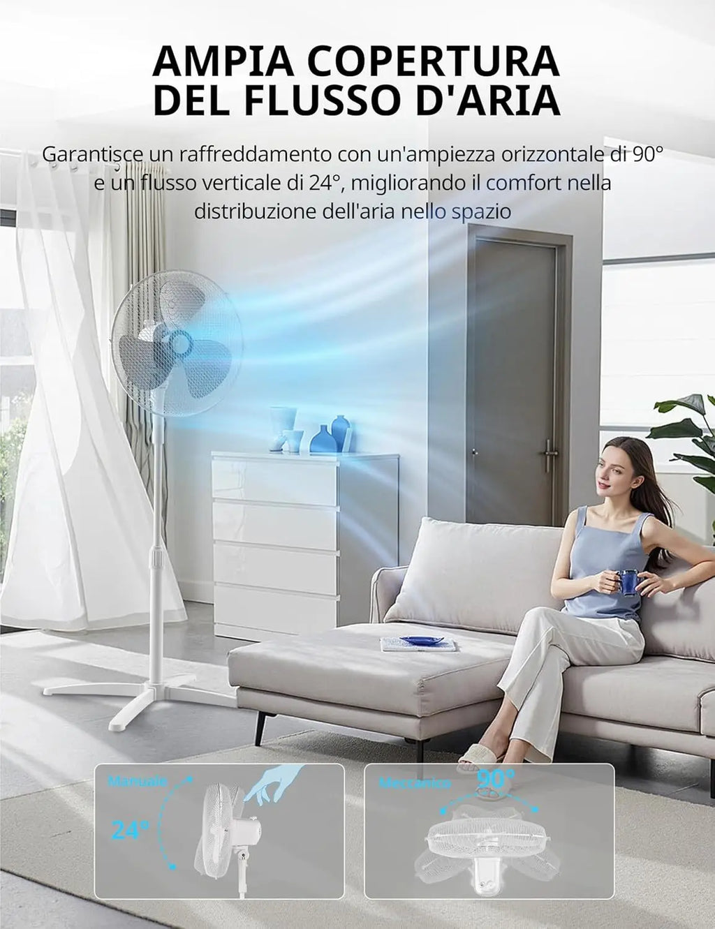 Ventilatore a Piantana, 3 Velocità Regolabili, Oscillazione 90°, Altezza Regolabile, Flusso d'Aria Potente e Funzionamento Silenzioso, Ideale per Casa e Ufficio, Bianco