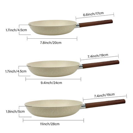 Non-stick pans, 3-piece pan set, household kitchen cookware set, egg omelette pancake pans, (7.8 + 9.4 + 11 inch), white