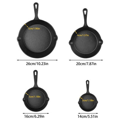 Set of 4 Uncoated Cast Iron Skillets with Single Handle, 14/16/20/26CM, for Home Kitchen and Outdoor Camping