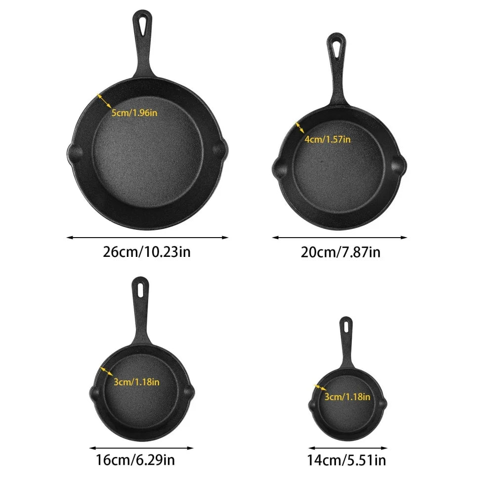Set di 4 Padelle in Ghisa Non Rivestite con Manico Singolo, 14/16/20/26CM, per Cucina Domestica e Campeggio all'Aperto