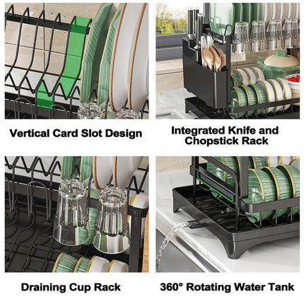 2-Tier Dish Drying Rack Dish Drainer Household Plate Storage Carbon Steel Sink Kitchen Organizer with Cutlery Holder