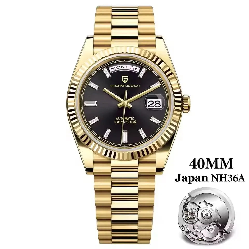 PAGANI DESIGN Neue 40mm Herrenuhr mit Wochenkalender, Edelstahl, 100M Wasserdicht, AR Saphirglas, Japanisches Luxusuhrwerk