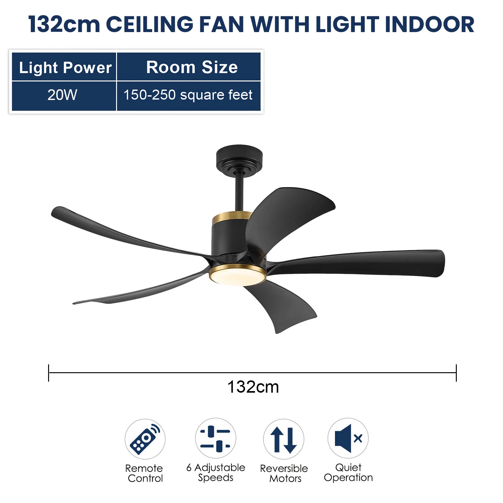 Ventilatore da soffitto da 132 cm con luce LED, 6 velocità, telecomando, reversibile, dimmerabile, finitura in legno
