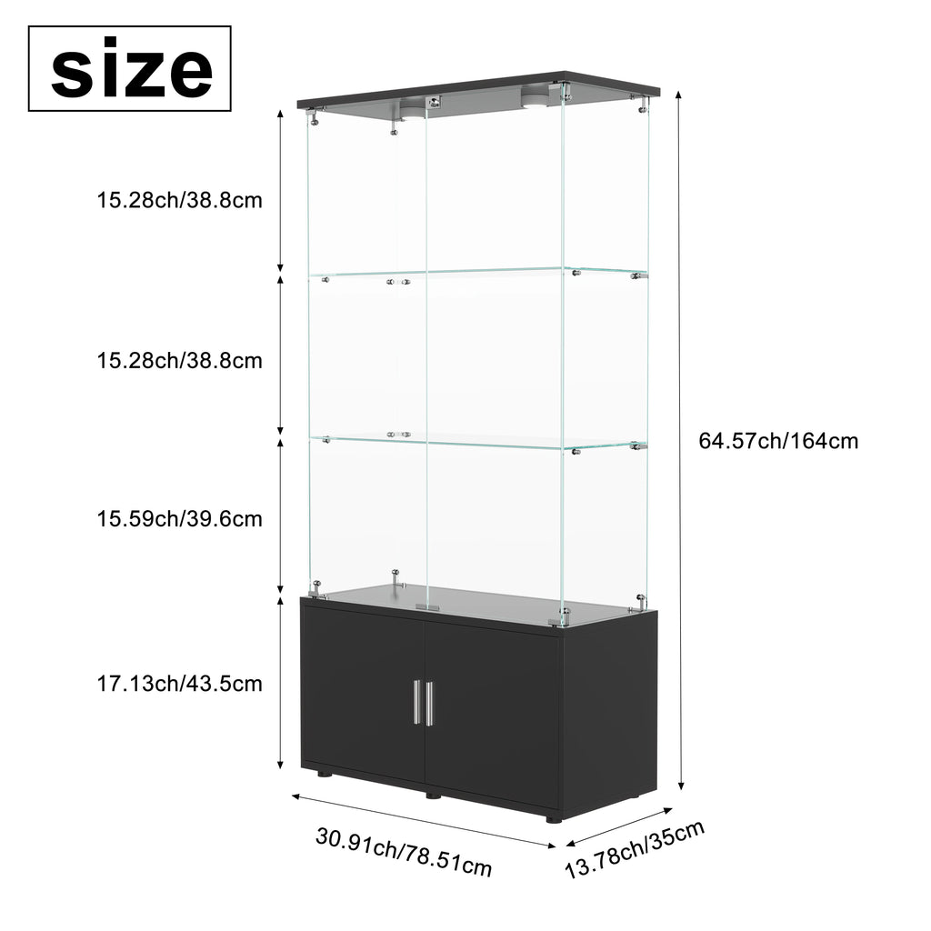 Drei-Etagen-Glasvitrine, Sammlerschrank mit LED-Beleuchtung, Display-Vitrine, Aufbewahrungsschrank und Organizer, geeignet für Wohnzimmer, Schlafzimmer und Büros; Schwarz