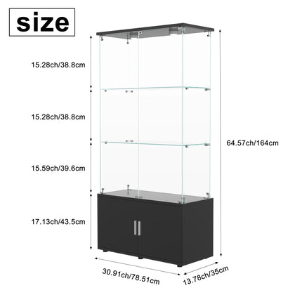 Three-tier glass display cabinet, collection display cabinet with LED lighting, display case, storage cabinet and organizer suitable for living rooms, bedrooms and offices; Black