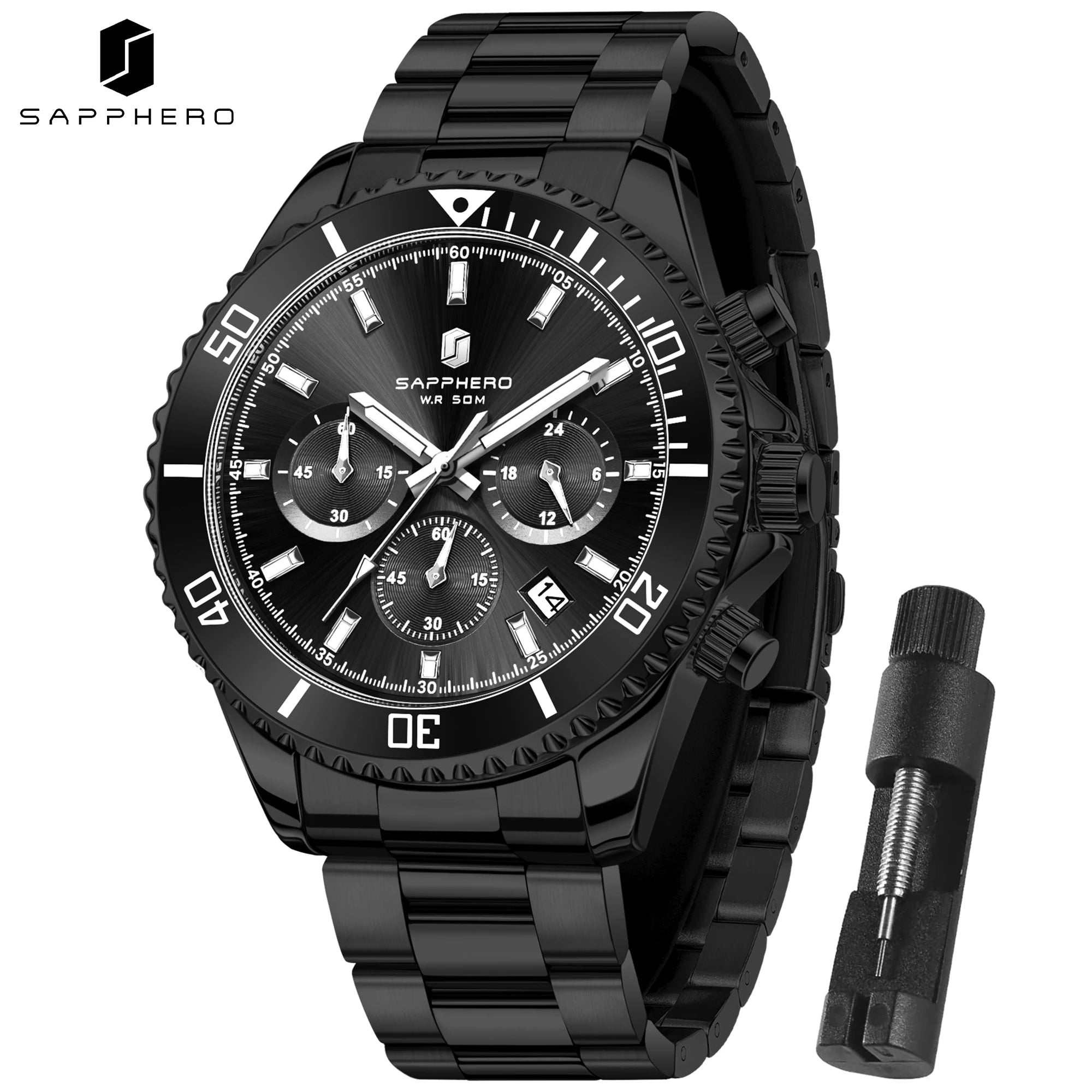 SAPPHERO Orologio da Polso Quarzo Uomo Acciaio Inossidabile Impermeabile 50M Cronografo