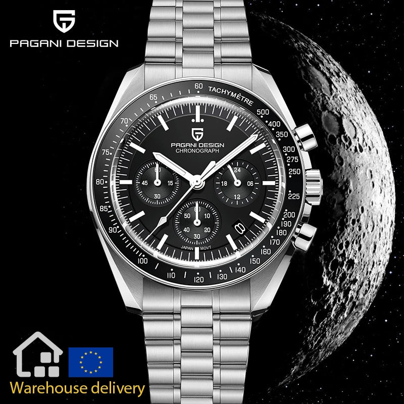 PAGANI DESIGN Orologio da Polso Uomo Luna Quarzo Cronografo Acciaio Inox Nero