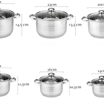 Set di Pentole Klönberg | Set di Pentole per Cucina a Induzione da 12 Pezzi | Acciaio Inossidabile | Coperchi in Vetro Temperato | Maniglie Comode | Varie Misure | Resistente ai graffi | Lavorazione di alta qualità
