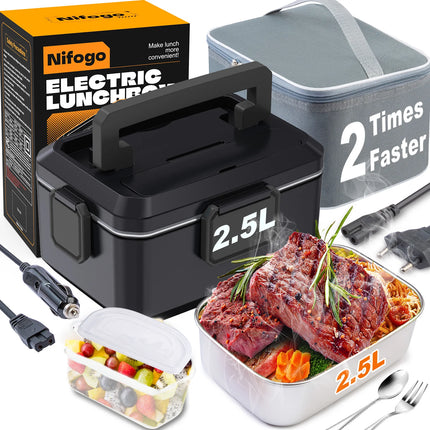 Electric Lunch Box 80W 2.5L Portable Stainless Steel Removable Food Heater for Car/Truck/Office with Insulated Bag (2.5L Black)