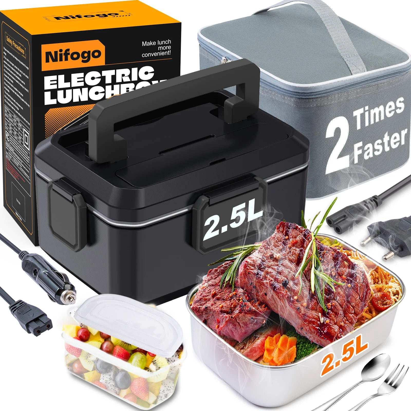 Elektrische Brotdose 80 W 2,5 L, tragbare, abnehmbare Brotdose aus Edelstahl für Auto/LKW/Büro mit Thermotasche (2,5 L Schwarz)